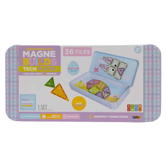 RMS Easter Bunny Magnetic Tile Tins, Stem Toy for Kids with Reusable Storage Tin, Magnetic Building Tiles Easter Gift, Ages 3+