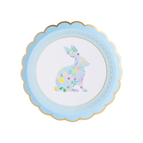 Bonjour Fte Floral Blue Bunny Small Paper Plates, Disposable Party Supplies, 8 Count, 8. 25 Inch, Easter