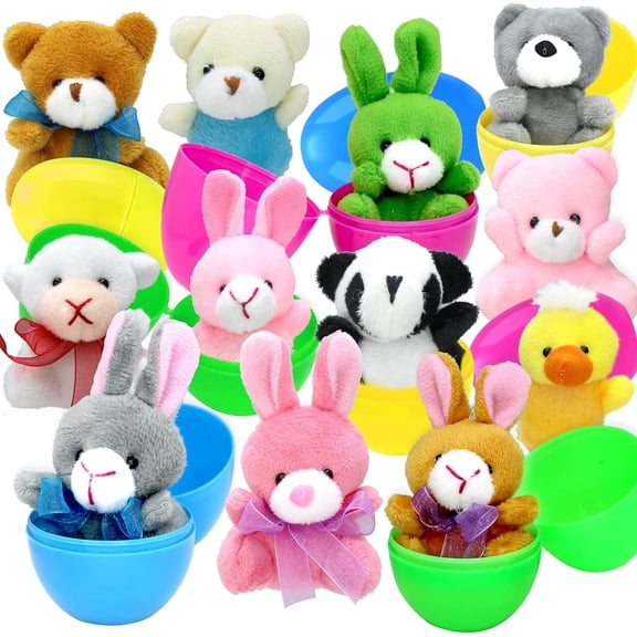 EASTER EGG Toy Set, 12 Prefilled Eggs with Plush Toys Inside for Easter Basket Stuffers and Kids Party Favors