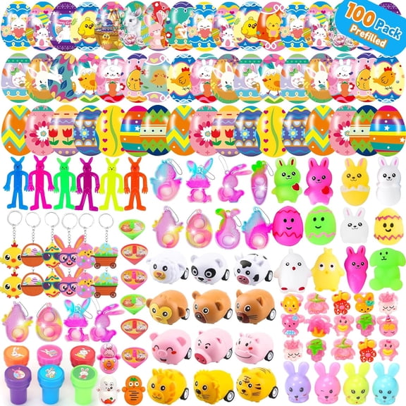 EASTER EGGS 100-PACK with Assorted Toys & Treats for Egg Hunt, Basket Stuffers, Party Favors and Classroom Prizes