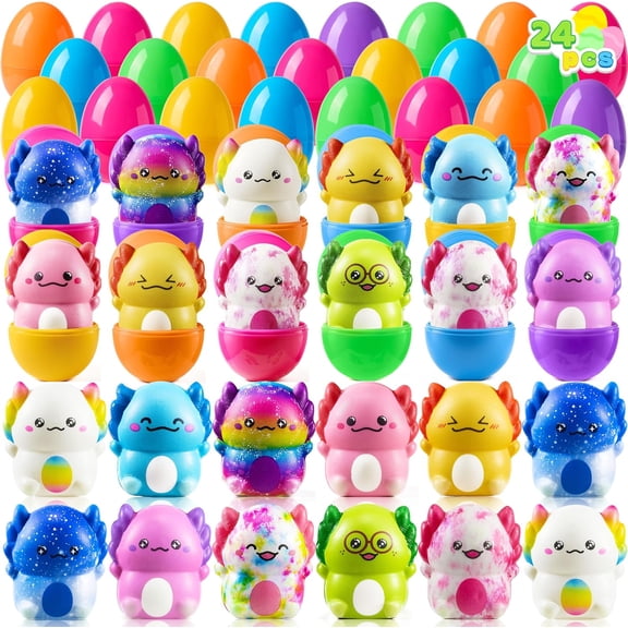 EASTER Prefilled Eggs with Squishy Toys - 24 PCS Easter Egg Hunt Party Favors, Basket Stuffers, Classroom Prizes for Kids