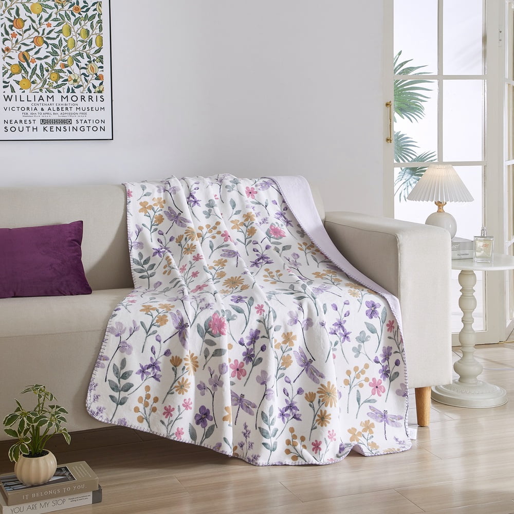 Bloom & Bunny Easter Printed Lush Plush Throw, Vida Floral Dragonfly Lilac, 50" x 60"