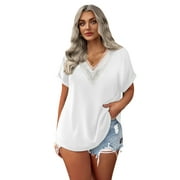 EASTHER Plus Size Lace T Shirts 2024 V Neck Blouses Women's Short Sleeve Summer Tops Loose Business Casual Tee Basic Clothes Tops