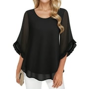 EASTHER Women's 3/4 Ruffle Sleeve Blouse Tops Double Layers Flowy Shirts Elegant Chiffon Blouses