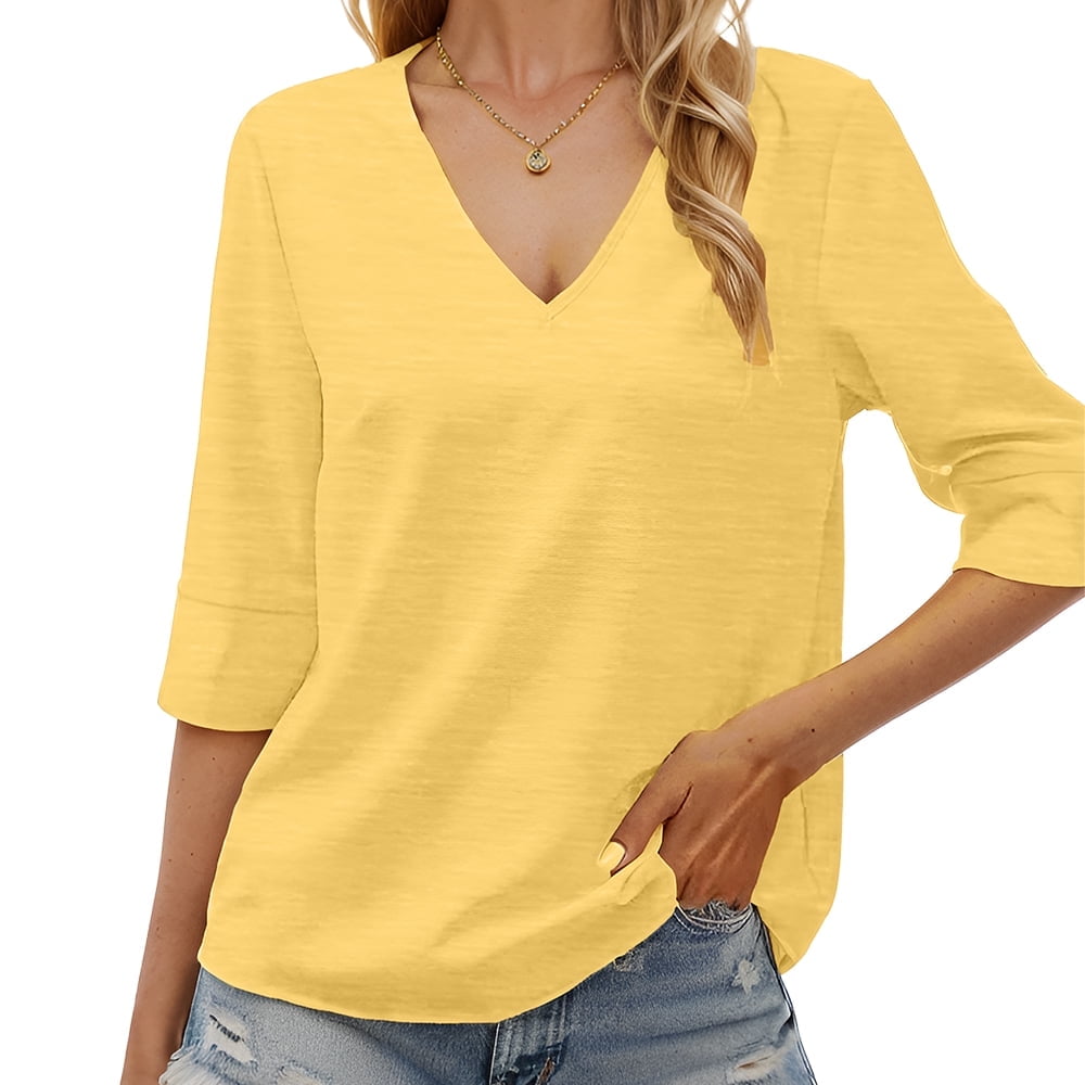 ORANDESIGNE Woen's 3/4 Sleeves V Neck Polo Shirts Casual Suer Tops
