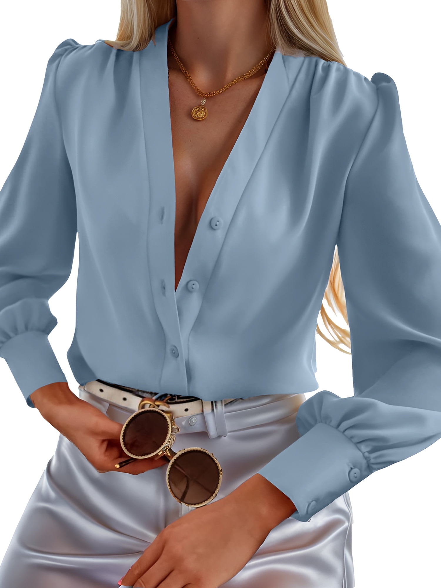 EASTHER Women's Business Casual Tops Summer Long Sleeve Silk Button