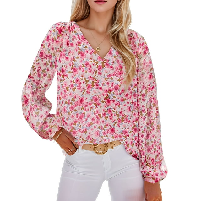 Easther Womens Casual Boho Floral Print V Neck Long Sleeve Loose Blouses Shirts Tops 9413