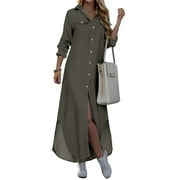 EASTHER Women's Casual Loose Long Sleeve Long Dress Split Summer Beach Button Front Maxi Shirt Dress