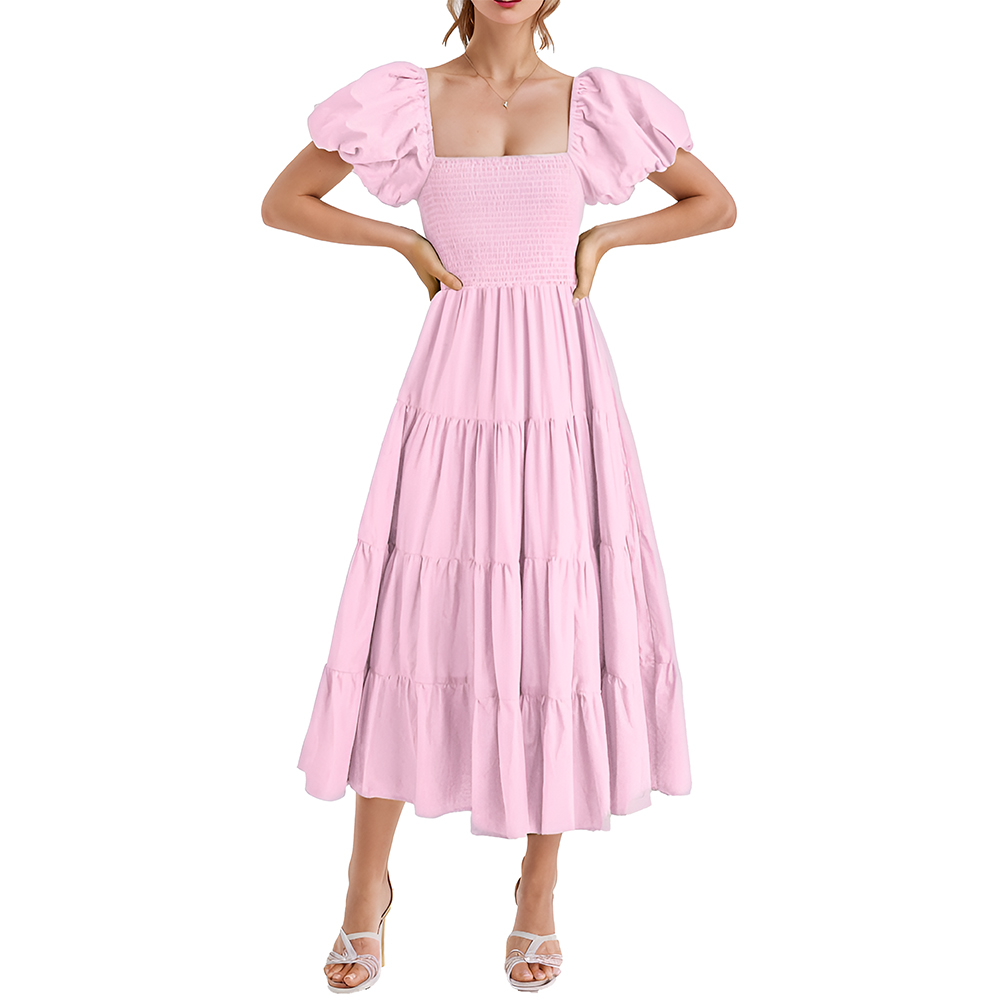 EASTHER Women's Casual Summer Midi Dress Puffy Short Sleeve Square Neck Smocked Tiered Ruffle