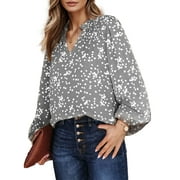 EASTHER Women's Casual V Neck Alicia Floral Print Smocked Long Sleeve Chiffon Blouses Bohemian Top Shirts