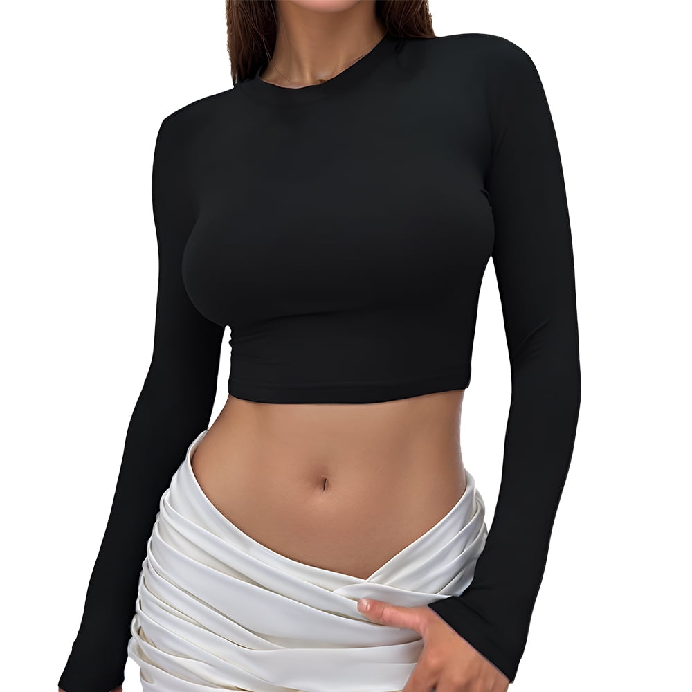 Easther Womens Sexy Long Sleeve Crop Top 2024 Crew Neck Basic Fitted