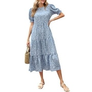 EASTHER Women's Summer Casual Dresses Boho Print Ruffle Puff Sleeve High Waist Midi Beach Dresse
