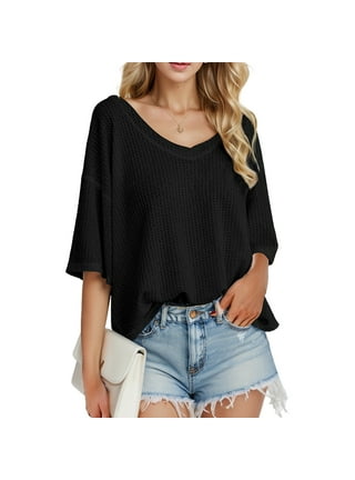 CYMMPU Casual Asymmetrical Hem Shirts for Women Solid Color Fall Batwing  Sleeve Crewneck T-Tops Slouchy Blouses Tee Tops Black 