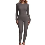EASTHER Women‘s Yoga Jumpsuits Ribbed Long Sleeve Crew Neck Tops Sport Jumpsuits