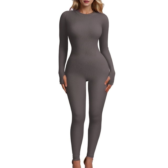 EASTHER Women‘s Yoga Jumpsuits Ribbed Long Sleeve Crew Neck Tops Sport