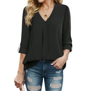 EASTHER Womens 3/4 Cuffed Sleeve Chiffon Printed V Neck Casual Blouse Shirt Tops