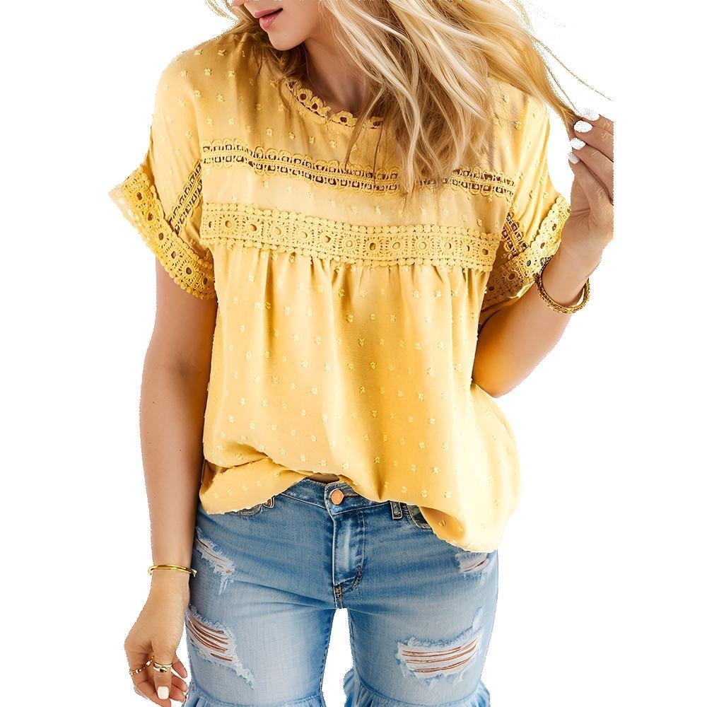 EASTHER Womens Blouses Summer Crewneck Lace Crochet Tops Casual Chiffon Short Sleeve Shirts