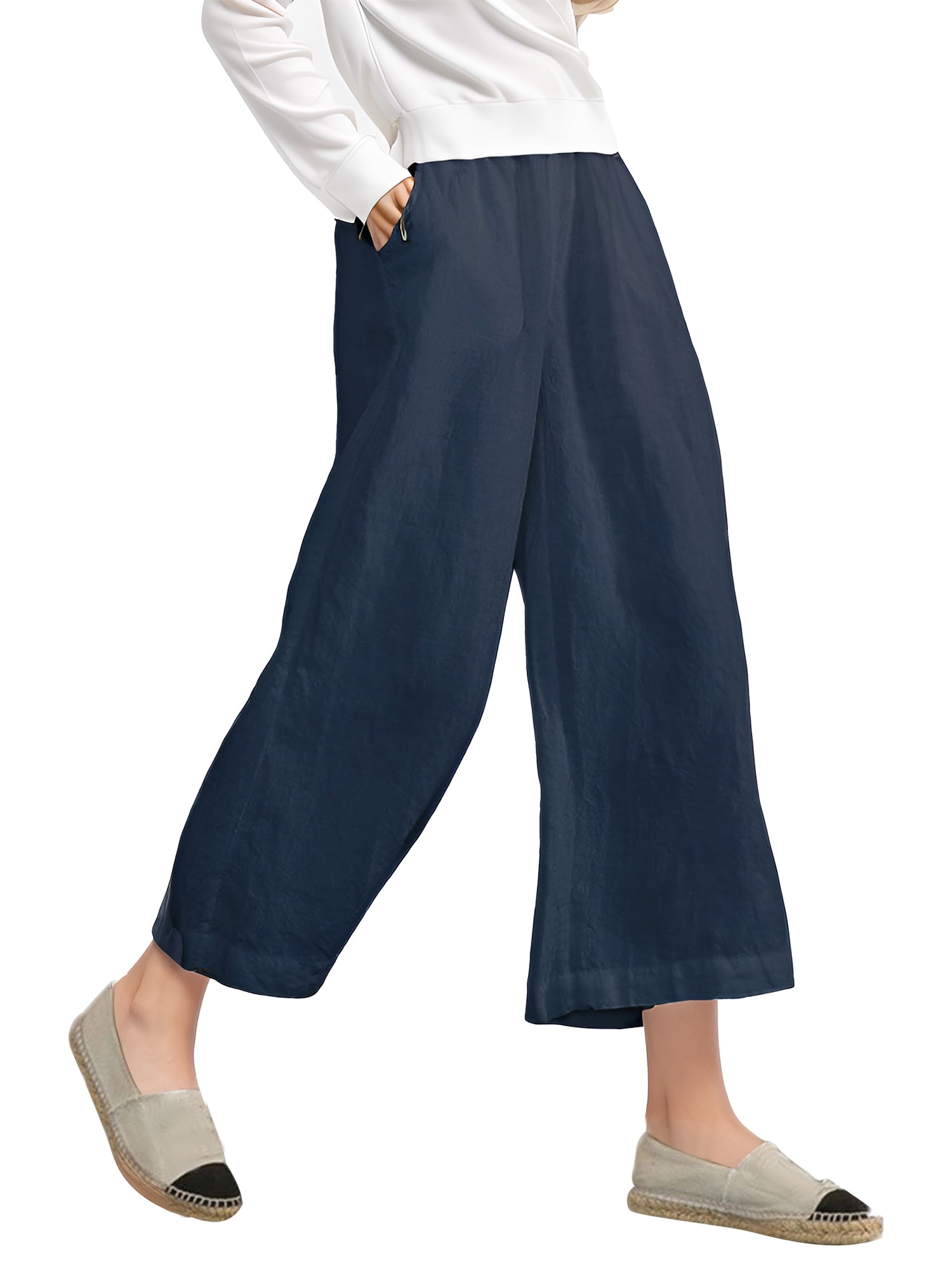 Womens Casual Elastic Waist Solid Comfy Casual Cotton Linen Pants