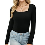 EASTHER Womens Long Sleeve Square Neck Tops 2024 Fall Slim Fit Tees Shirts