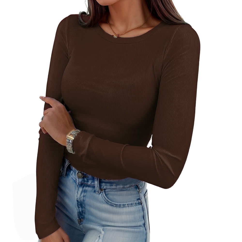 Women's Ribbed Knit Long Sleeve Top - Cutout Crewneck Going Out Shirt | Slim Fit Casual Tee