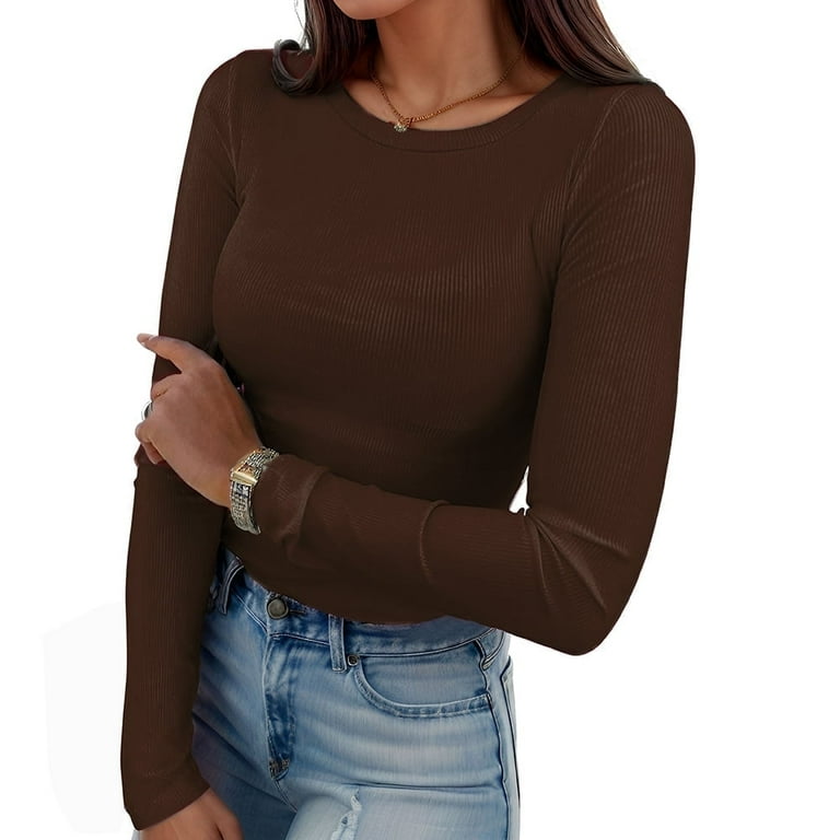 Easther Womens Long Sleeve Stretch Crewneck Ribbed T Shirt Fitted Casual Basic Tops Women s Size Small Brown