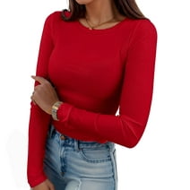 EASTHER Womens Long Sleeve Stretch Crewneck Ribbed T-Shirt Fitted Casual Basic Tops