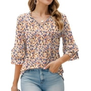 EASTHER Womens V Neck 3/4 Bell Sleeve Tops Frill Neck Tiered Ruffle Sleeve Shirts Casual Spring Summer Loose Tunic Blouses