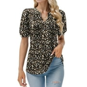EASTHER Womens V Neck Puff Short Sleeve Pleated T Shirts Fashion Summer Tops Casual Tunic Blouse