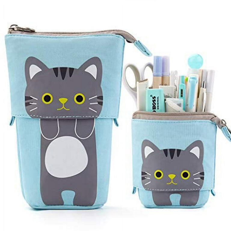 EASTHILL Cartoon Cute Cat Pencil Pouch Canvas Pen Bag Standing Stationery Case Holder Box for Student Girl Boy Adult (Blue)