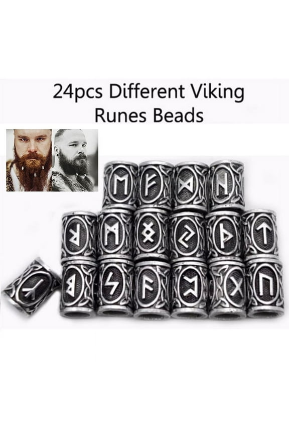 24 Pieces Norse Viking Rune Beads Hair Beard Pendant Antique DIY Bracelet Jewelry Pendants for Hair Braids Antique Decor, Silver