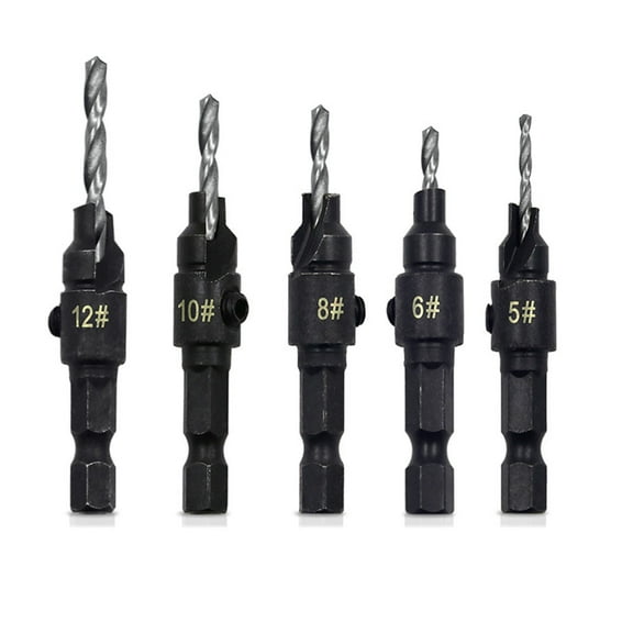 EASTIN 5Pcs Countersink Drill Woodworking Drill Bit Set #5#6#8#10#12 Drills Pilot Holes for Screw Sizes