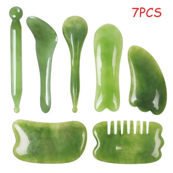 EASTIN 7Pcs Scraping Massage Tool Kits, Natural Resin Scraper Board Healing Stone Set for Face Back and Neck Release Massage Therapy, Reduce Muscle Pain (green)