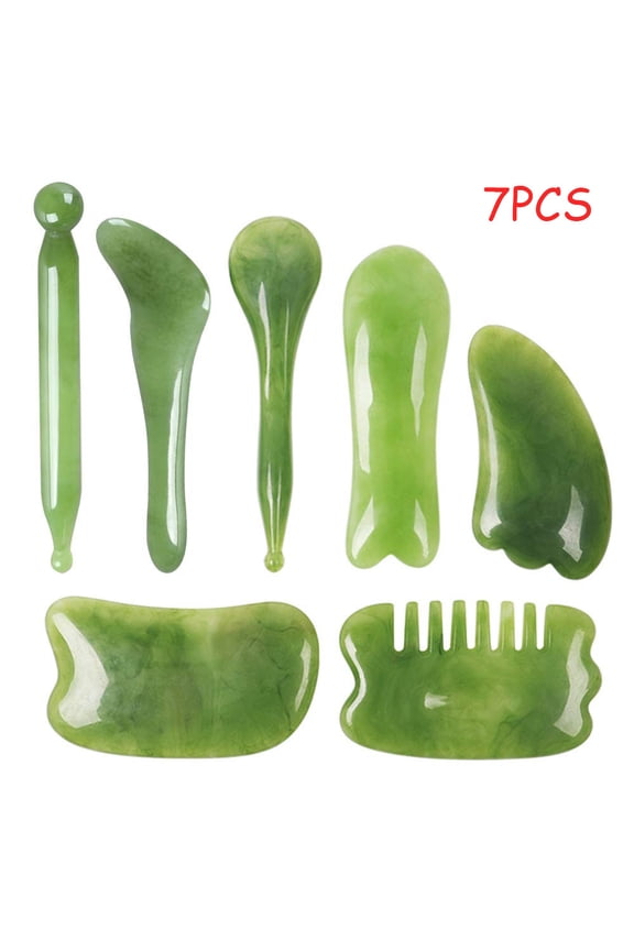 7Pcs Scraping Massage Tool Kits, Natural Resin Scraper Board Healing Stone Set for Face Back and Neck Release Massage Therapy, Reduce Muscle Pain (green)