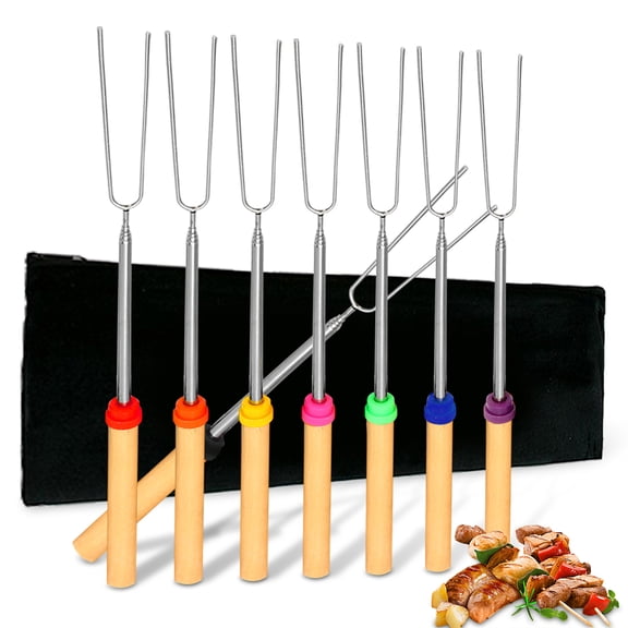 8 Pack Marshmallow Roasting Sticks, EASTIN Roasting Sticks with Wooden Handle 32 Inch Extendable BBQ Forks Telescoping Smores Sticks for Fire Pit, Campfire