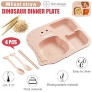EASTIN Kids Plates Set, 4 piece (Plates with Forks and Spoons) Lightweight Toddler Dishes , Dishwasher Baby Feeding Set with Divided Meal plates, Natural Wheat Straw Material (Dinosaur)