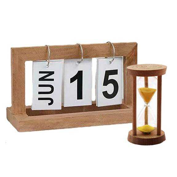 EASTIN Perpetual Calendar,Rustic Style Wooden Perpetual Calendar with Three-minute Hourglass for Home and Office Decor