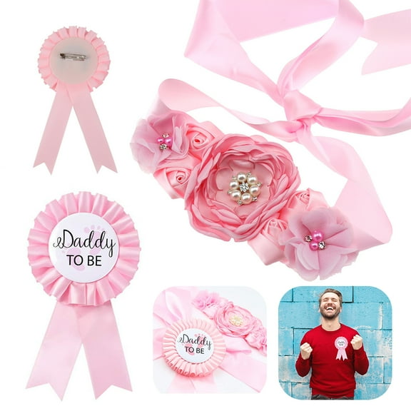 EASTIN Pink "MOTHER-To-Be" Sash And "DADDY To Be" Badge Corsage Set For Baby Girl Shower Party Pregnant Woman Belly Flower Belt Maternity Decoration Keepsake And Gift