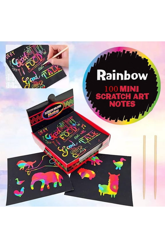 Scratch Art for Kids, 100 Pcs Rainbow Scratch Paper, Mini Scratch Note Art Set with Wooden Stylus and Drawing Stencils