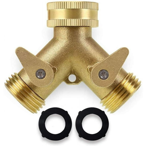 EASTRANS Brass Garden Hose Splitter 2 Way, Heavy Duty Brass Hose Y Splitter, 3/4" Garden Hose Connector, Hose Spigot Adapter with 2 Valves, 2 Extra Rubber Washers