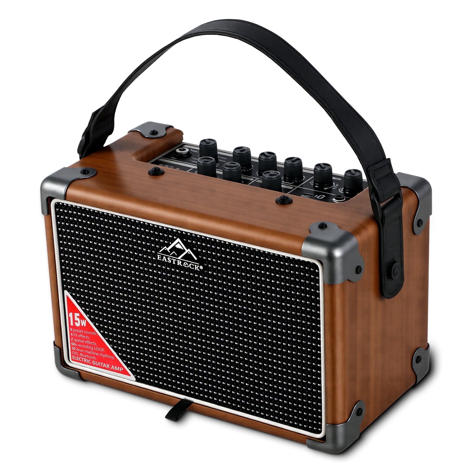 EASTROCK 15W Electric Guitar Amp, EGA-15W Portable Guitar Amplifier with Bluetooth,8 Voices, FX Effects,Built-in Looper & Drum Machine Speaker, AUX/OTG/Headphone Wood