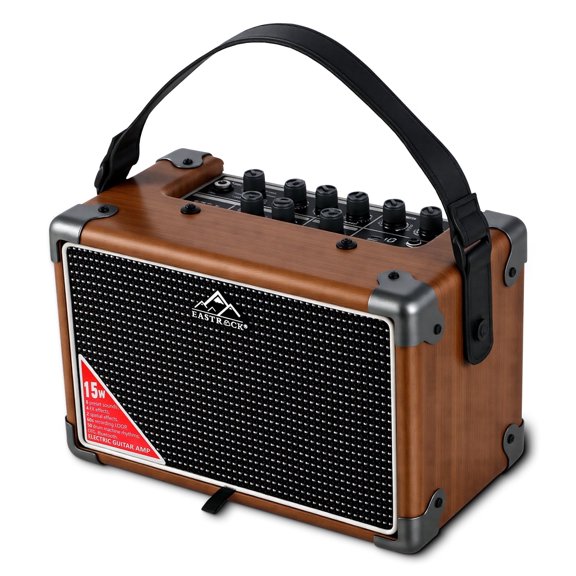 EASTROCK 15W Electric Guitar Amp, EGA-15W Portable Guitar Amplifier with Bluetooth,8 Voices, FX Effects,Built-in Looper & Drum Machine Speaker, AUX/OTG/Headphone Wood