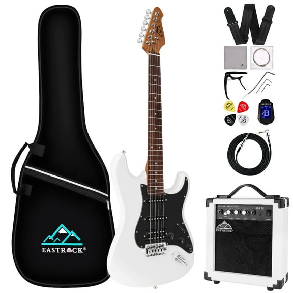 EASTROCK Electric Guitar Kits for Beginner HSS Pickup 39" Full-Size Solid Alder Body with Amp & Bag & Shoulder Strap,White