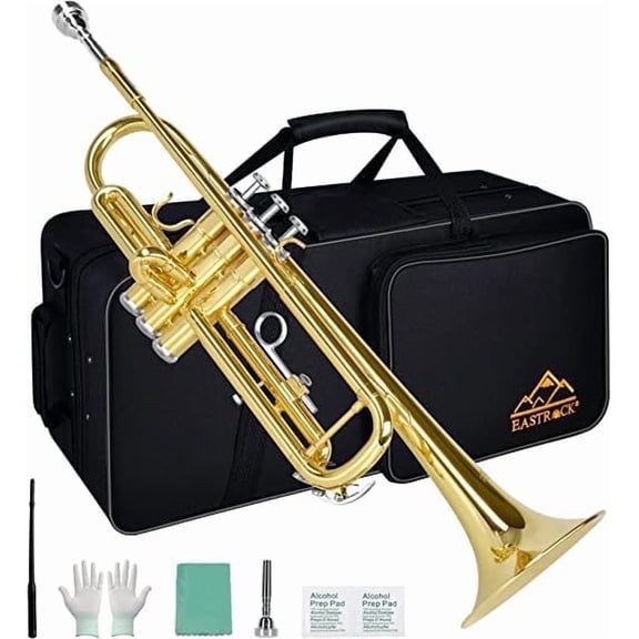 EASTROCK Bb Trumpet Precision Valves with Double Drain & Sweat-Proof Grips Pro Care Kit Included for Novice User Gold