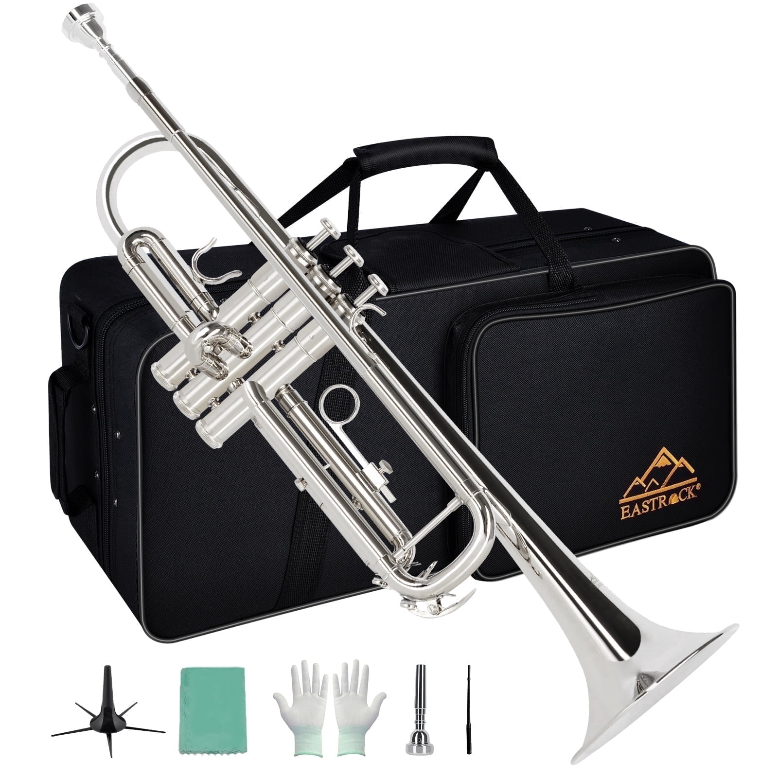 EASTROCK Bb Trumpet Nickel Plated Precision Valves with Sweat-Proof Grips Pro Care Kit Included for Novice User