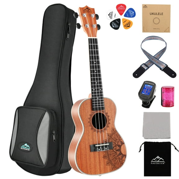 EASTROCK 23 inch Ukulele Beginner Kit Sapele Solid Wood Soprano Ukulele for Kids Students with Arched Back & Aquila Strings & Gig Bag