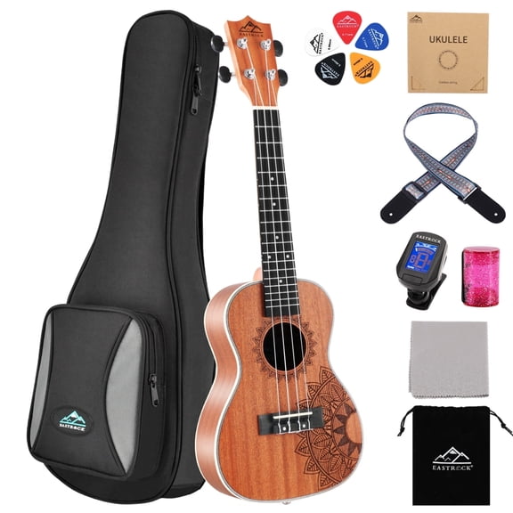 EASTROCK 23 inch Ukulele Beginner Kit Sapele Solid Wood Soprano Ukulele for Kids Students with Arched Back & Aquila Strings & Gig Bag