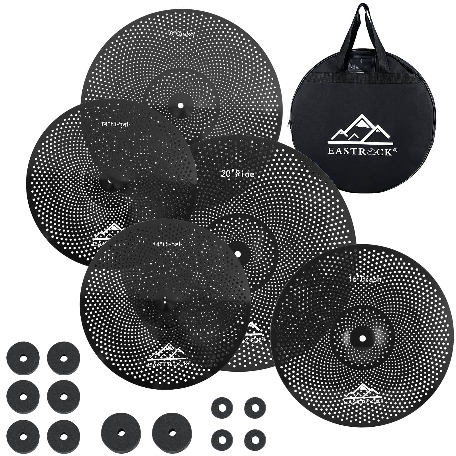 EASTROCK Low Volume Cymbal Pack 14/16/s18/20" Noise Reduction Alloy Cymbals with Bag and Felts for Quiet Practice ,Black