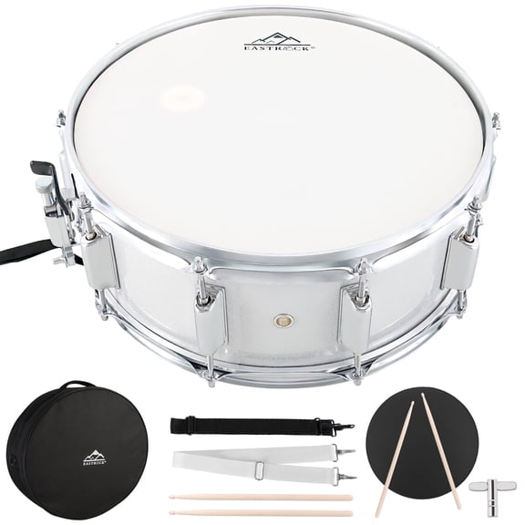 EASTROCK 14 x 5.5 Stage Snare Drum Multi-layer Poplar Drum Shell with Drumsticks Oxford Backpack for All Skill Levels(White)