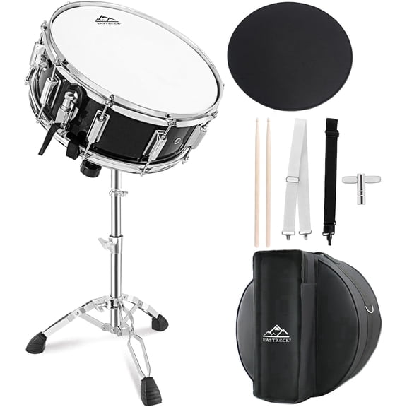 Eastrock Snare Drum Set 14X5.5 inches with Gig Bag, Drumsticks, Stand, Drum Keys, Coated Material Drum Head,for Student Beginners Black