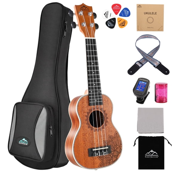 EASTROCK 21 inch Ukulele Beginner Kit Sapele Solid Wood Soprano Ukulele for Kids Students with Arched Back & Aquila Strings & Gig Bag